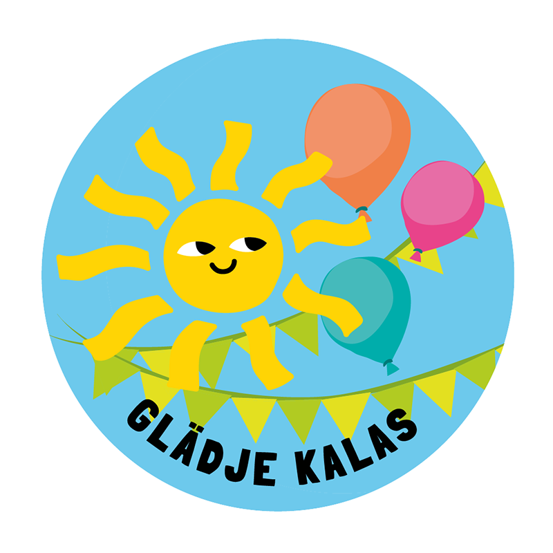 Sol, ballonger, vimplar. Text: Glädje kalas.