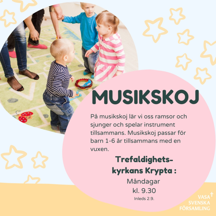 Musikskoj Ljusblå bakgrund. En rund bild med barn på musikstund. taxt: