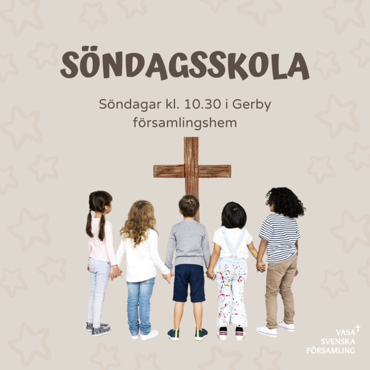 Ljusblå bakgrund. Barn i ring som ser på ett kors. Text Söndagsskola.