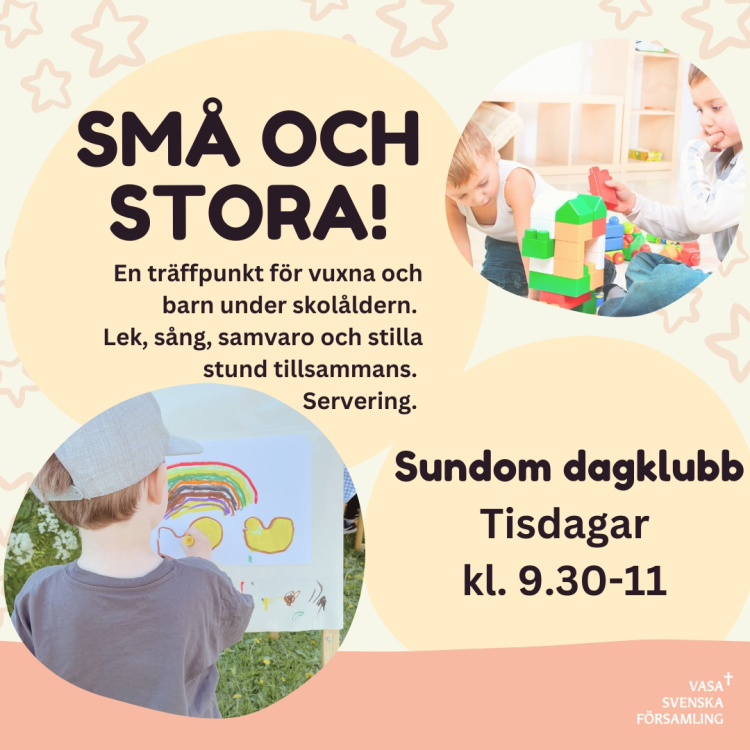 Ljusgul bakgrund med stjärnor. Ett runt foto med barn som bygger duplo-lego och ett runt foto med pojke som m?lar en regnbåge. Text Små och stora