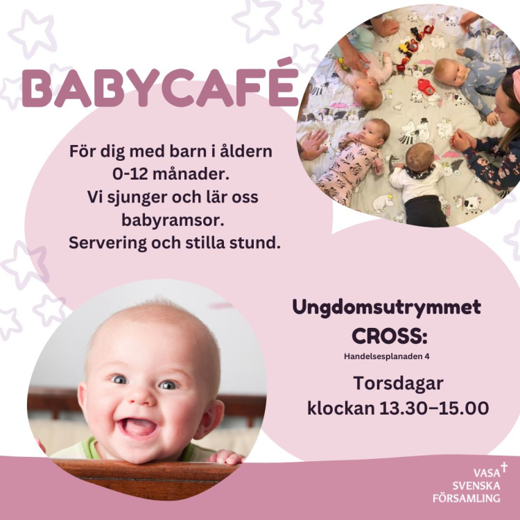Babycafé Beige bakgrund. Text och bubblor i rosa. Foto av glad baby och foto av bebisar liggande i ring. Text med info om Babycafe. i ring på