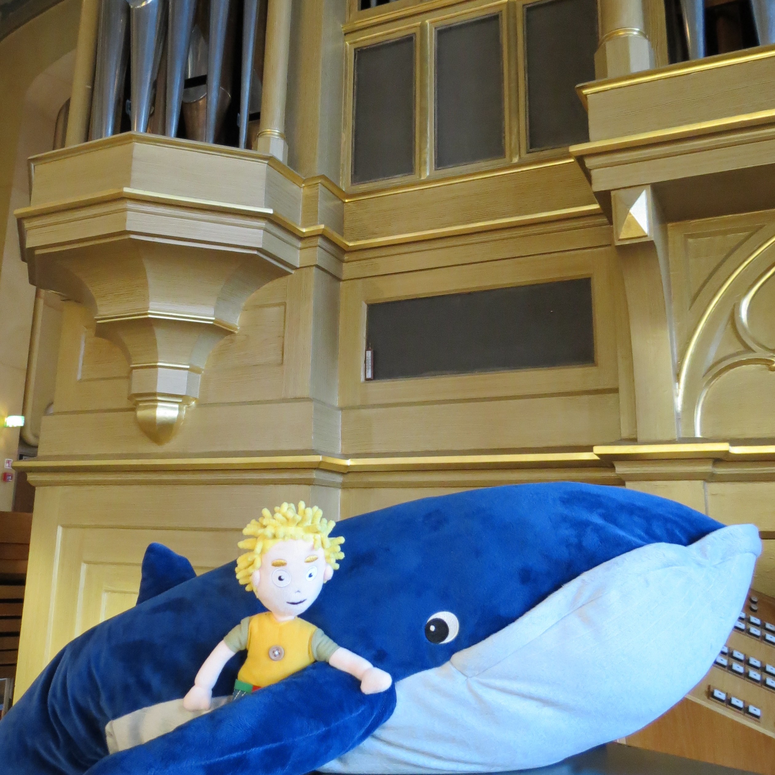 Gosedjuspojke och val framför en stpr orgel.