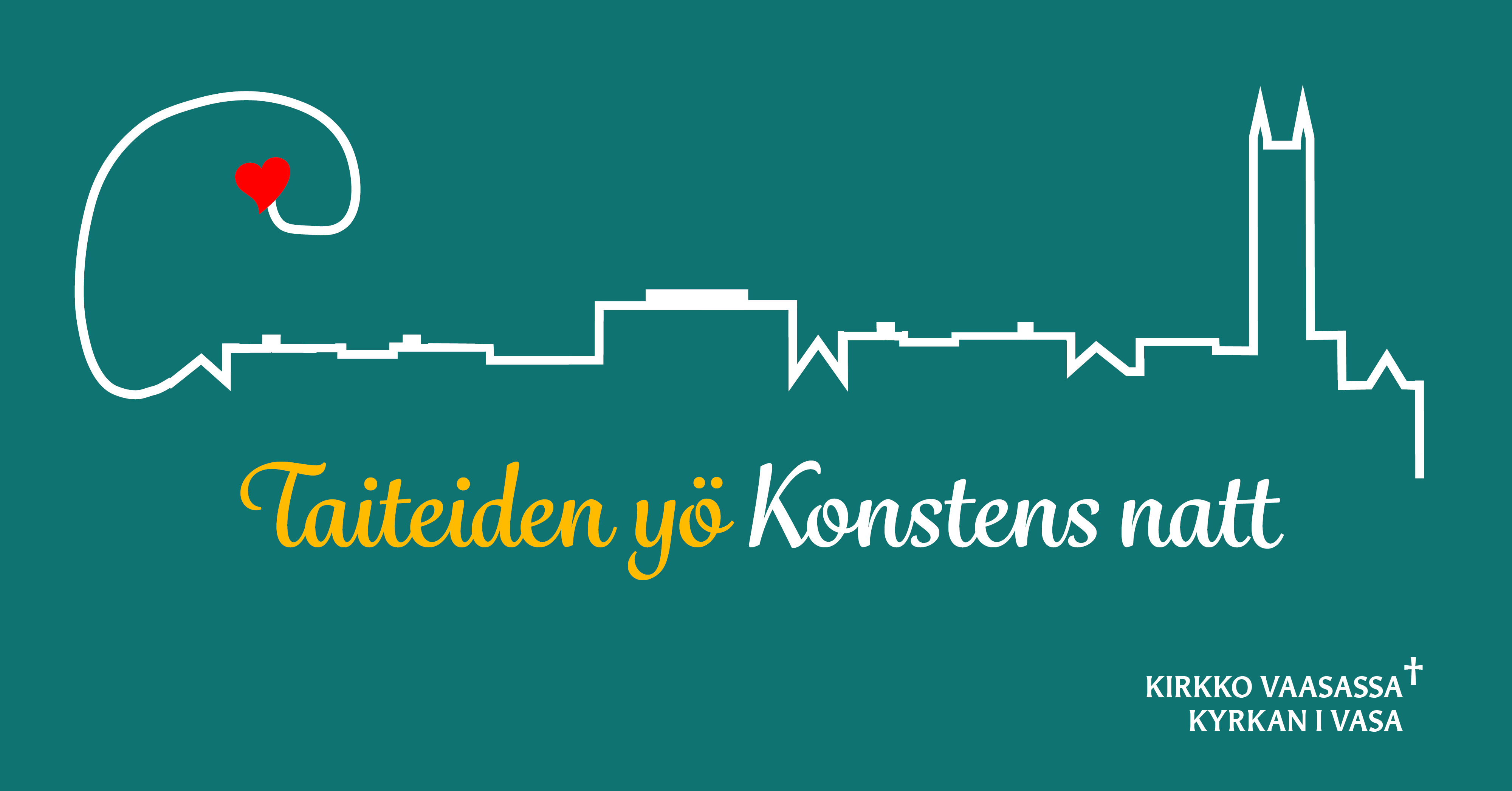 Program i Kyrkparken på Konstens natt Ritad stadssiluett där ett kyrktorn syns. Text: Kirkko Vaasasa, kyrkan i Vasa. Taiteiden yö - Konstens natt.