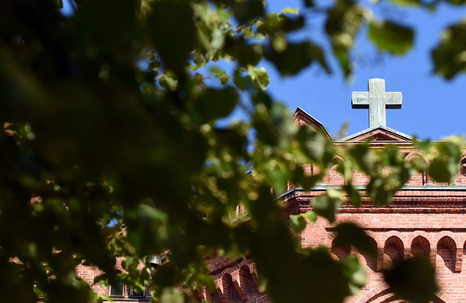Träkors på ett kyrktak. I förgrunden grönskande trädkvistar.