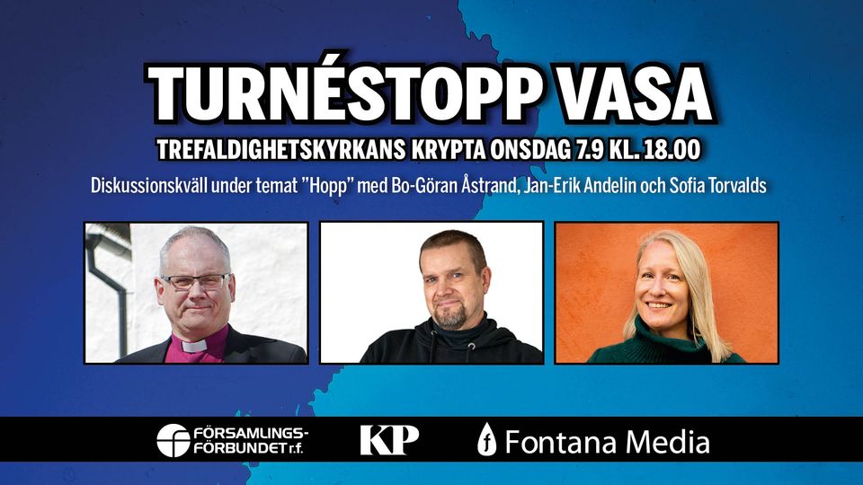 Två män och en kvinna. Text: Turnéstopp Vasa Trefaldighetskyrkans krypta 7.9 kl. 18.00.