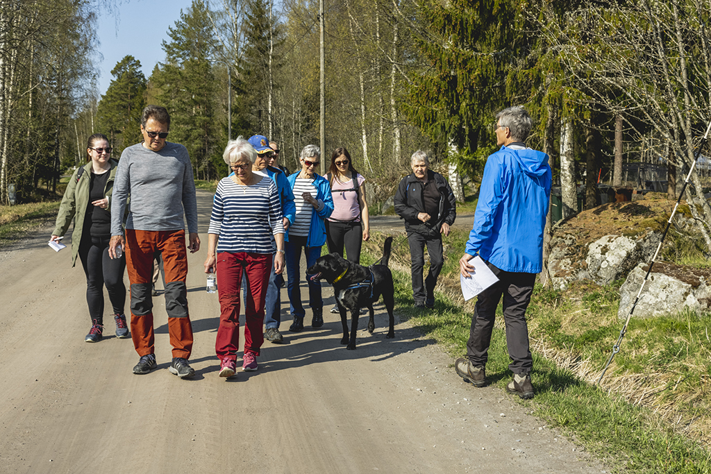 Grupp av människor vandrar på en sandväg.