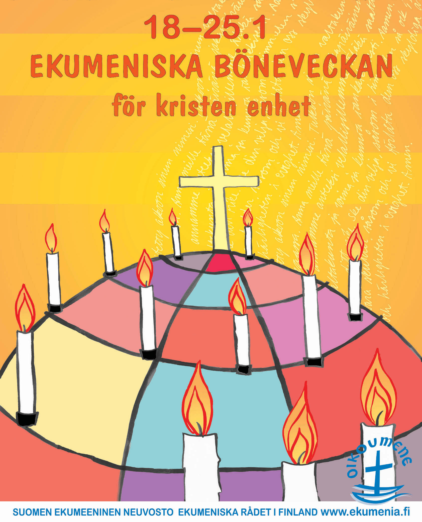 Illustrerat klot med kors och ljus på. Text: 18–25.1 Ekumeniska böneveckan för kristen enhet.