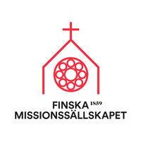 Finska missionssällskapets logo. I den finns en kyrka med kors högst på taget. Under står Finska Missionssällskapet 1859.