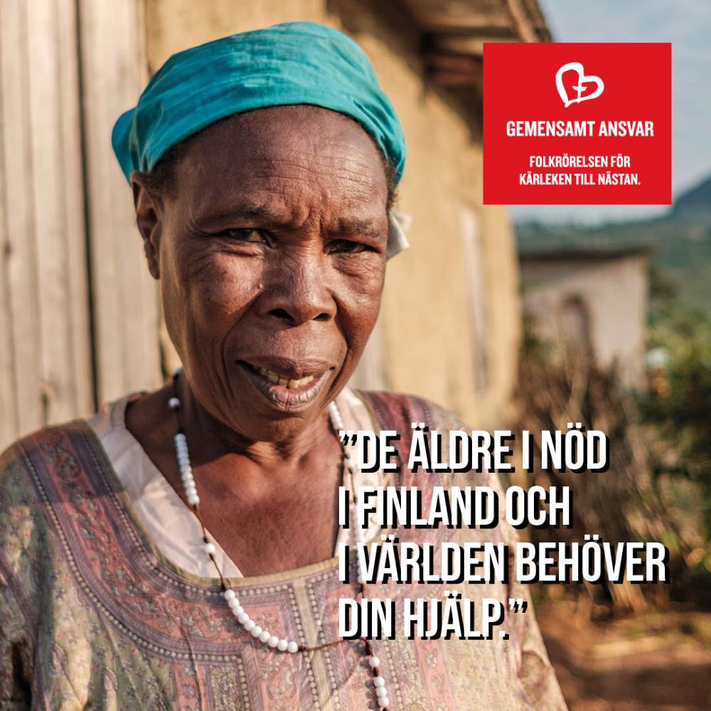 Mörkhyad kvinna i solen. Text: De äldre i nöd i Finland och i världen behöver din hjälp.