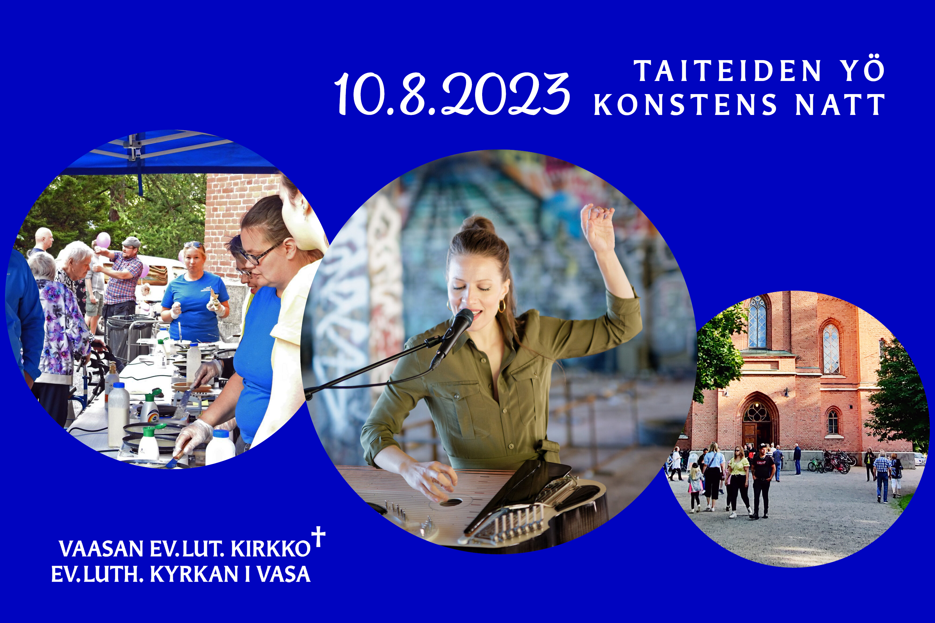 Människor i en park med en kyrka. Kvinna spelar på kantele.
