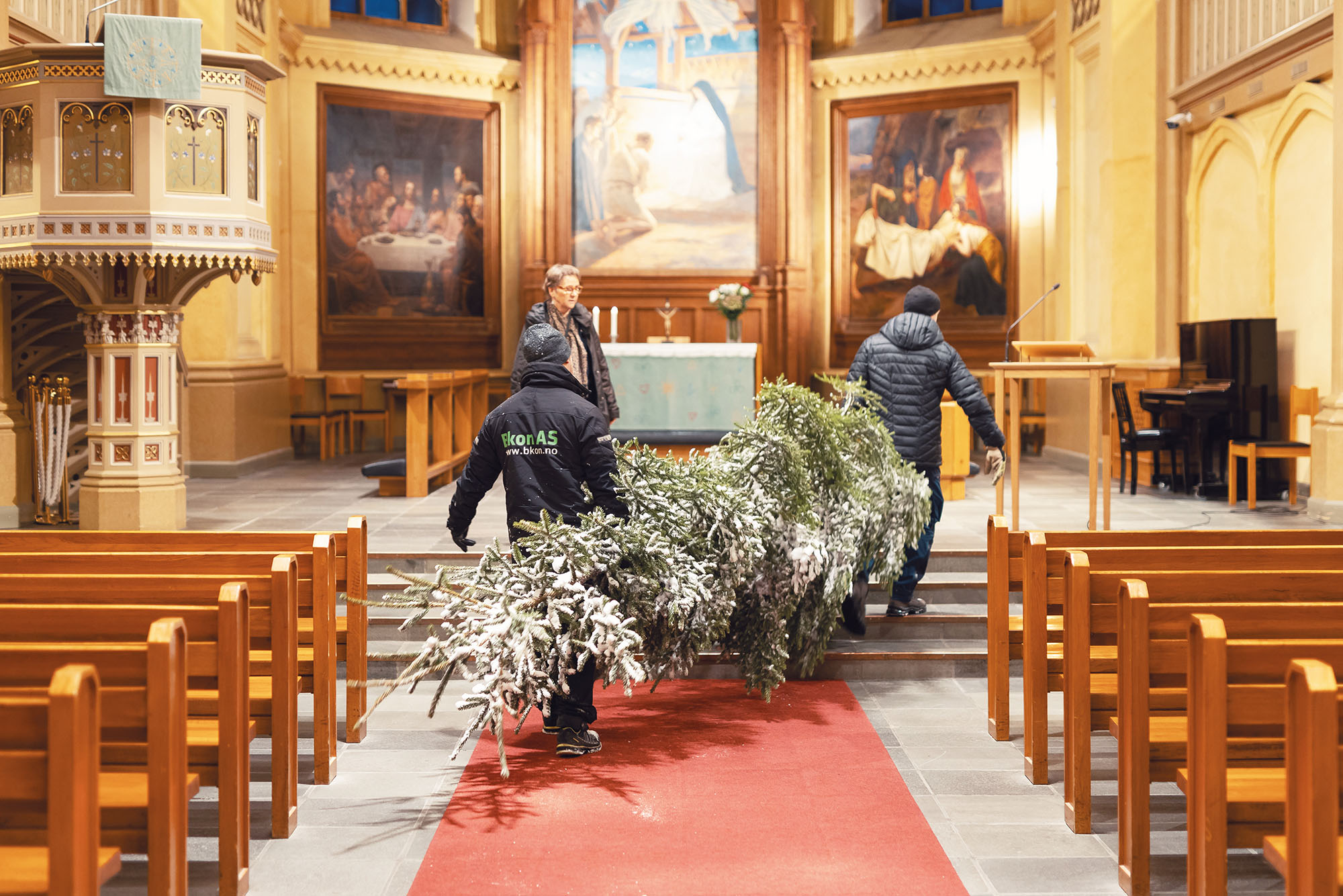 En snötyngd gran bärs upp längs altargången i en kyrka av två män. I bakgrunden skymtar en till person.